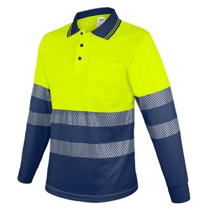 POLO MANGA LARGA CON BOLSILLO Y BANDAS REFLECTANTES “QVO” AMARILLO/MARINO XL