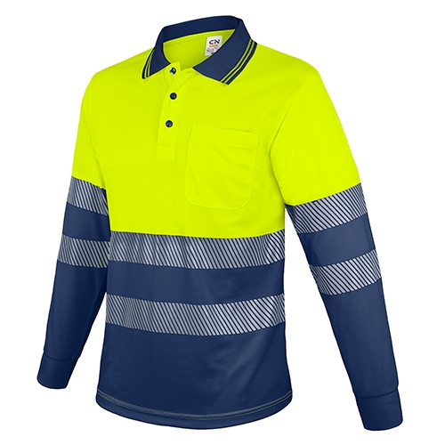 POLO MANGA LARGA CON BOLSILLO Y BANDAS REFLECTANTES “QVO” AMARILLO/MARINO XL