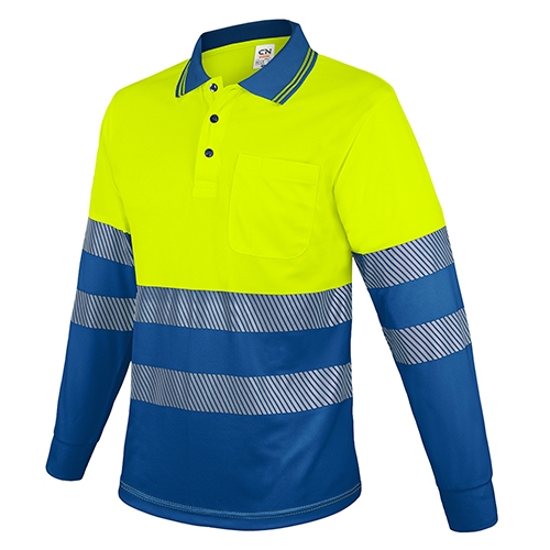POLO MANGA LARGA CON BOLSILLO Y BANDAS REFLECTANTES “QVO”  AMARILLO/ROYAL  XS